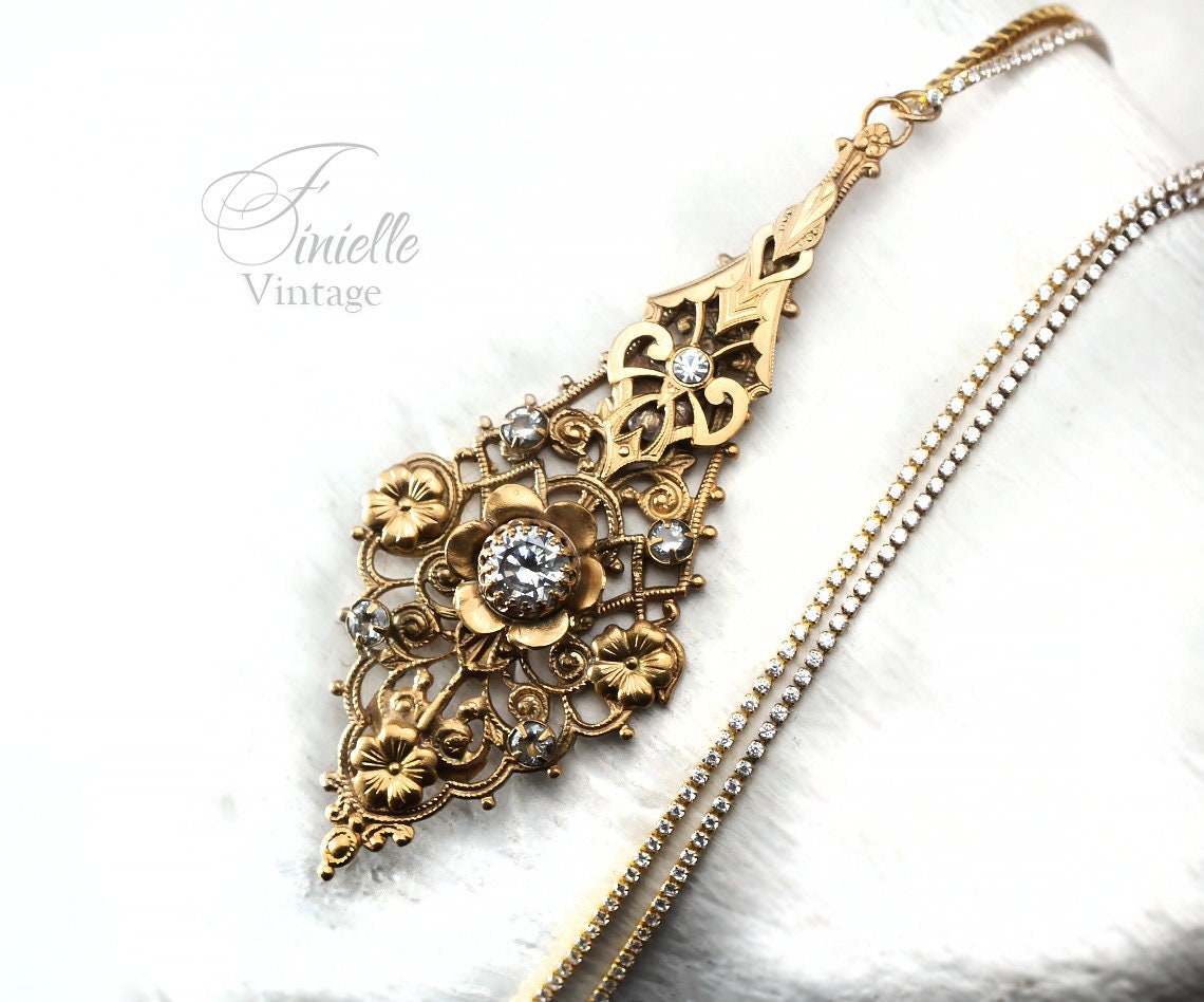 Vintage Antique Art Deco 1915-1930 Floral, Unique Ornate Necklace Pendant, Rhinestones and Cubic Zirconia, Repurposed One, 24K Gold Plated