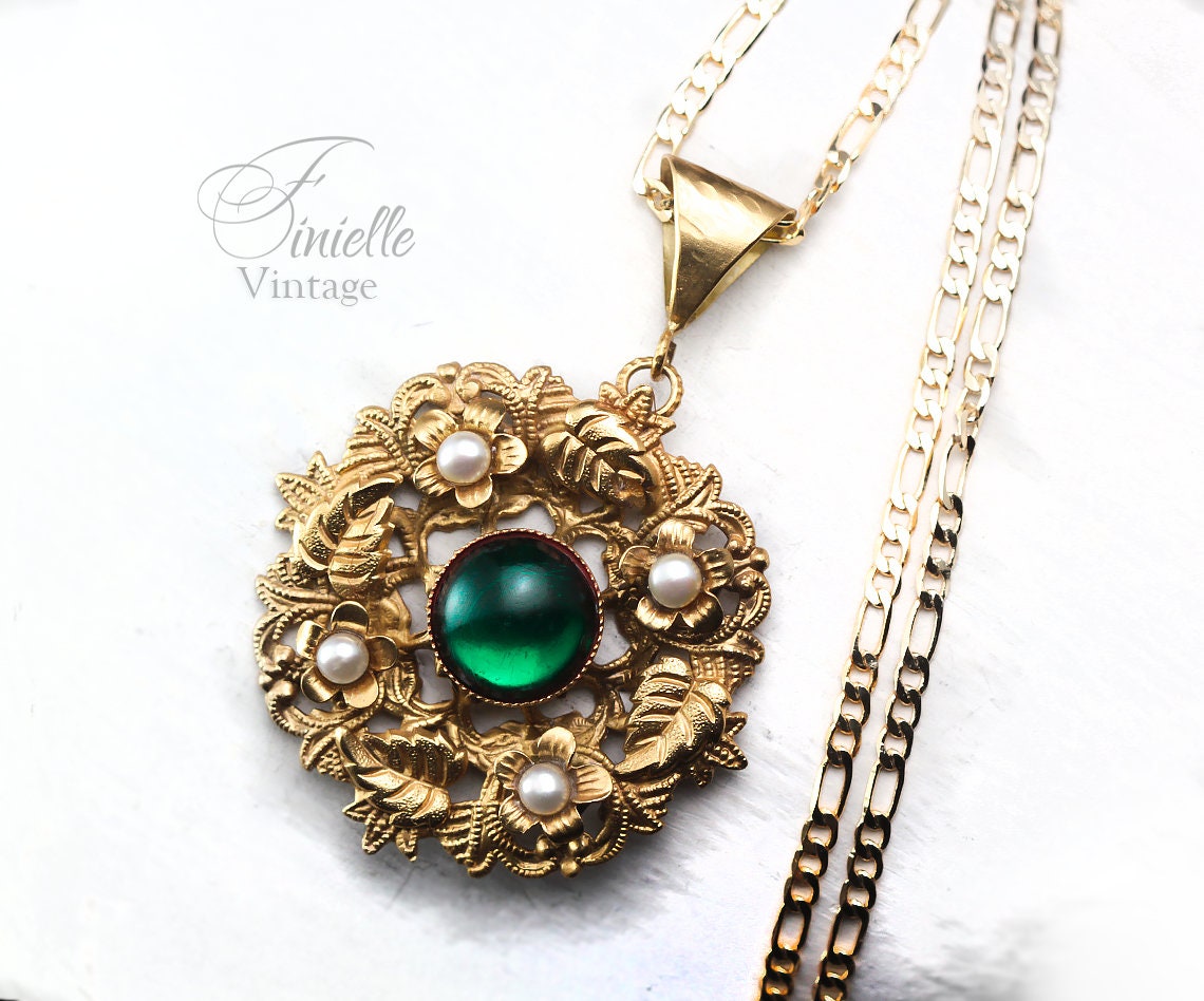 Vintage Art Deco 1915-1930 Floral Ornate Necklace Pendant, Repurposed, Moonglow Bohemian Green Glass, Freshwater Pearls, 18Ct Gold Plated