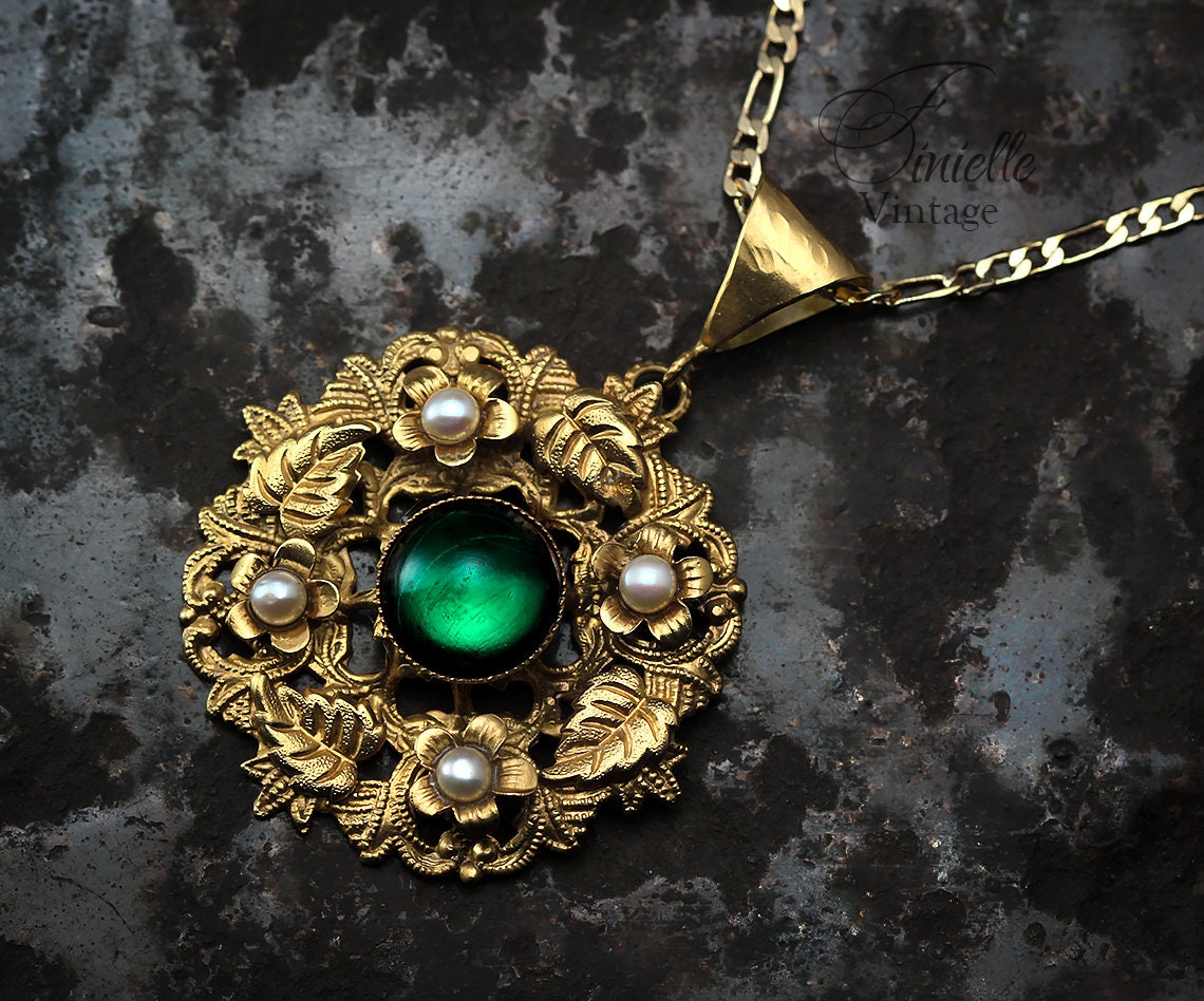 Vintage Art Deco 1915-1930 Floral Ornate Necklace Pendant, Repurposed, Moonglow Bohemian Green Glass, Freshwater Pearls, 18Ct Gold Plated