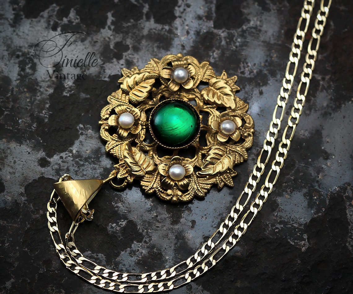 Vintage Art Deco 1915-1930 Floral Ornate Necklace Pendant, Repurposed, Moonglow Bohemian Green Glass, Freshwater Pearls, 18Ct Gold Plated