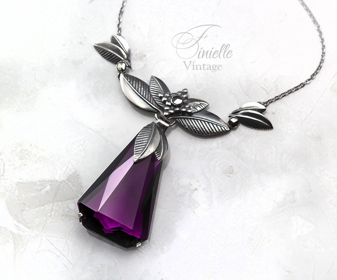 Vintage 1930s Art Deco Czech, Floral Necklace, Leafs, Purple Glass Amethyst, Marcasite, Silver Plated, Unique Gift Jewellery for Women