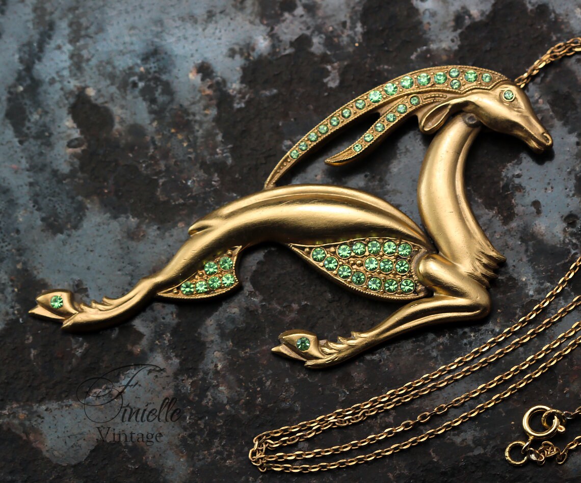 Vintage Antique Art Deco 1915-1930 Large Gazelle Necklace Pendant, Repurposed One, Green Rhinestones, 24K Gold Plated, Unique Gift Jewelry