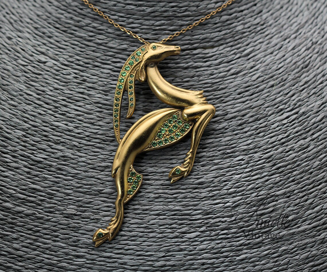 Vintage Antique Art Deco 1915-1930 Large Gazelle Necklace Pendant, Repurposed One, Green Rhinestones, 24K Gold Plated, Unique Gift Jewelry