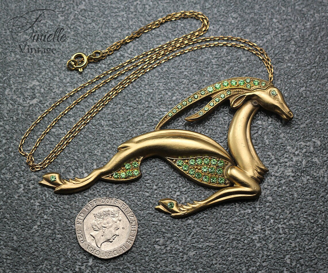 Vintage Antique Art Deco 1915-1930 Large Gazelle Necklace Pendant, Repurposed One, Green Rhinestones, 24K Gold Plated, Unique Gift Jewelry