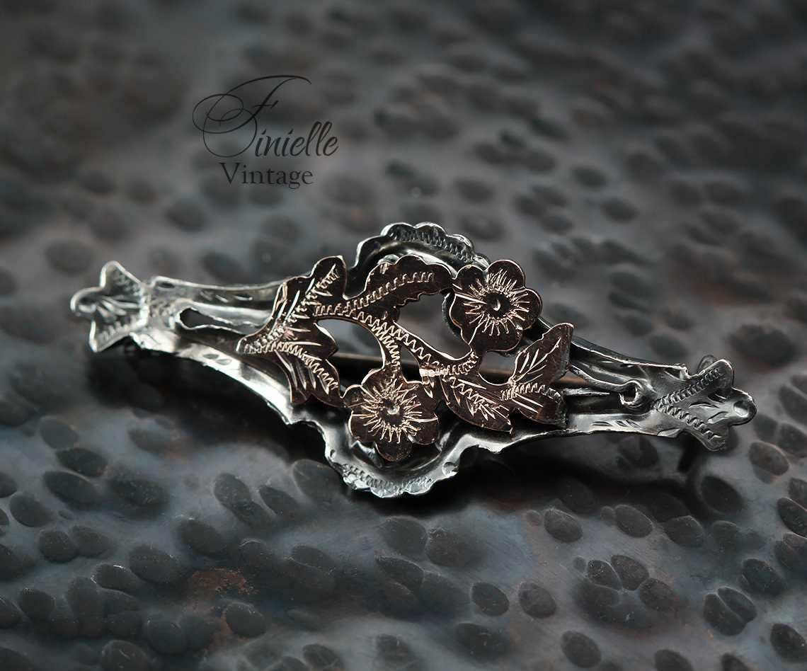 Antique Victorian 1870-1900 Sterling Silver and Rose Gold, Floral Engraved Brooch, Stamped STERLING, Antique Vintage Gift Jewelry Jewellery