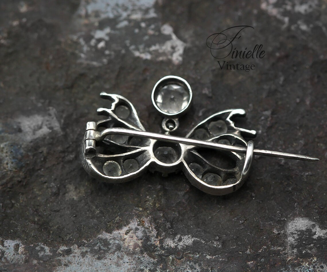 Sterling Silver Antique Victorian c1880-1900 Small Bow Brooch, Clear Glass Crystals, Unique Jewellery Jewelry Gift