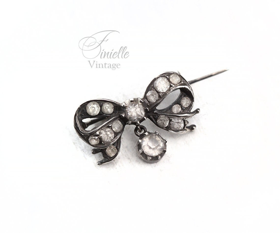 Sterling Silver Antique Victorian c1880-1900 Small Bow Brooch, Clear Glass Crystals, Unique Jewellery Jewelry Gift