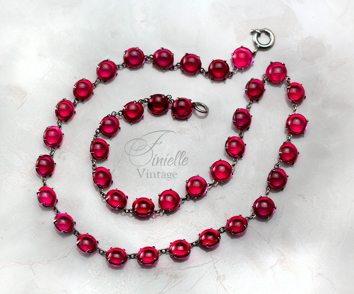 Antique Vintage Art Deco 1920s Ruby Red Glass Cased Paste Riviere Style Necklace, Silver Plated, Unique Gift Jewelry Jewellery