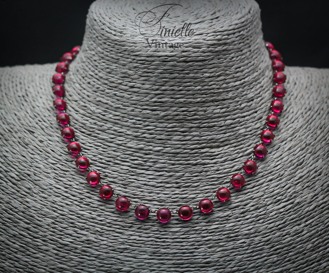Antique Vintage Art Deco 1920s Ruby Red Glass Cased Paste Riviere Style Necklace, Silver Plated, Unique Gift Jewelry Jewellery