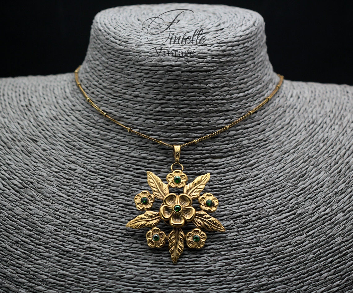 Vintage Art Deco 1915-1930 Floral, Flower Necklace Pendant, Repurposed One, Green Rhinestones, 24K Gold Plated, Unique Gift For Women