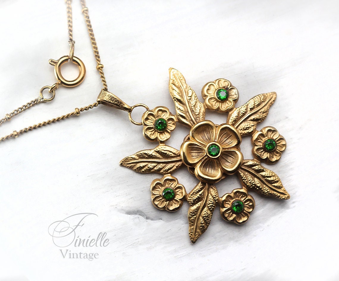 Vintage Art Deco 1915-1930 Floral, Flower Necklace Pendant, Repurposed One, Green Rhinestones, 24K Gold Plated, Unique Gift For Women