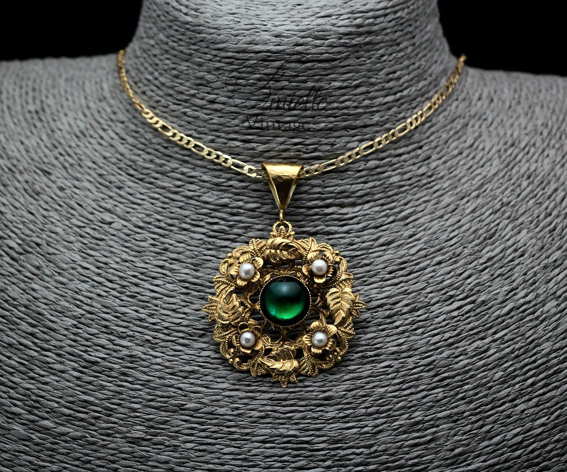 Vintage Art Deco 1915-1930 Floral Ornate Necklace Pendant, Repurposed, Moonglow Bohemian Green Glass, Freshwater Pearls, 18Ct Gold Plated