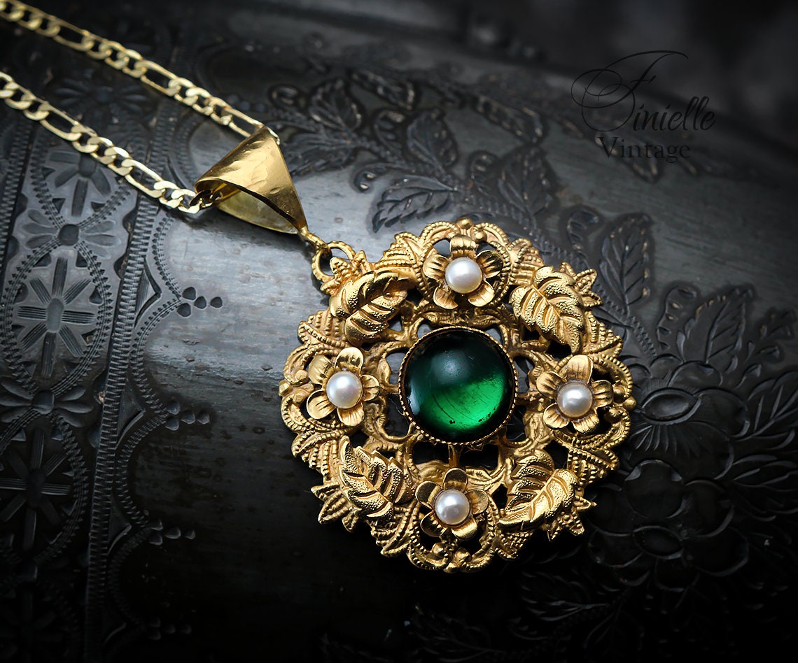 Vintage Art Deco 1915-1930 Floral Ornate Necklace Pendant, Repurposed, Moonglow Bohemian Green Glass, Freshwater Pearls, 18Ct Gold Plated