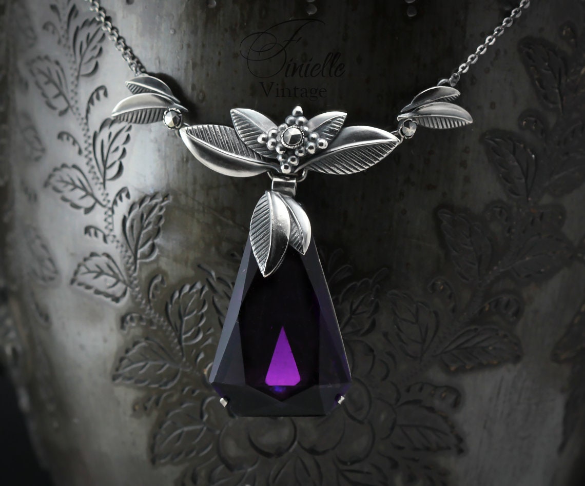 Vintage 1930s Art Deco Czech, Floral Necklace, Leafs, Purple Glass Amethyst, Marcasite, Silver Plated, Unique Gift Jewellery for Women