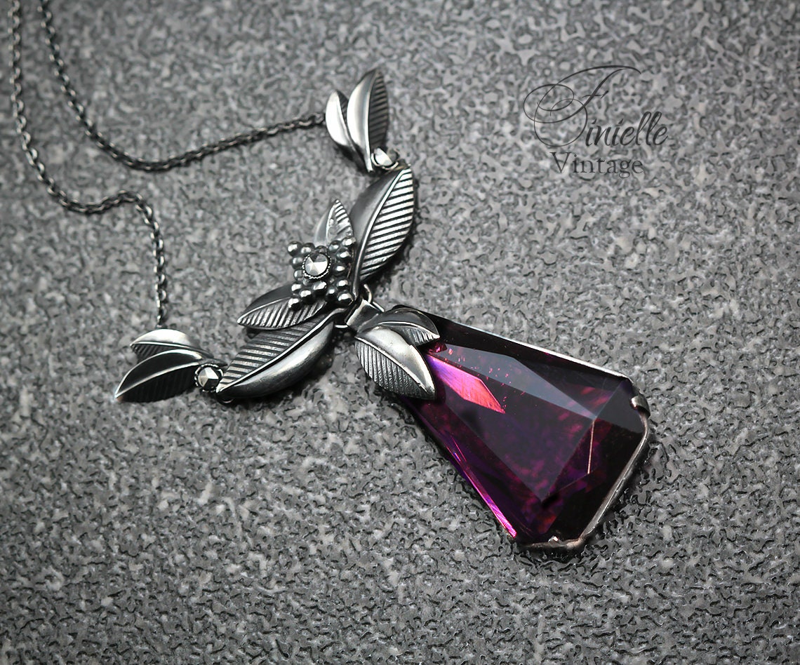 Vintage 1930s Art Deco Czech, Floral Necklace, Leafs, Purple Glass Amethyst, Marcasite, Silver Plated, Unique Gift Jewellery for Women