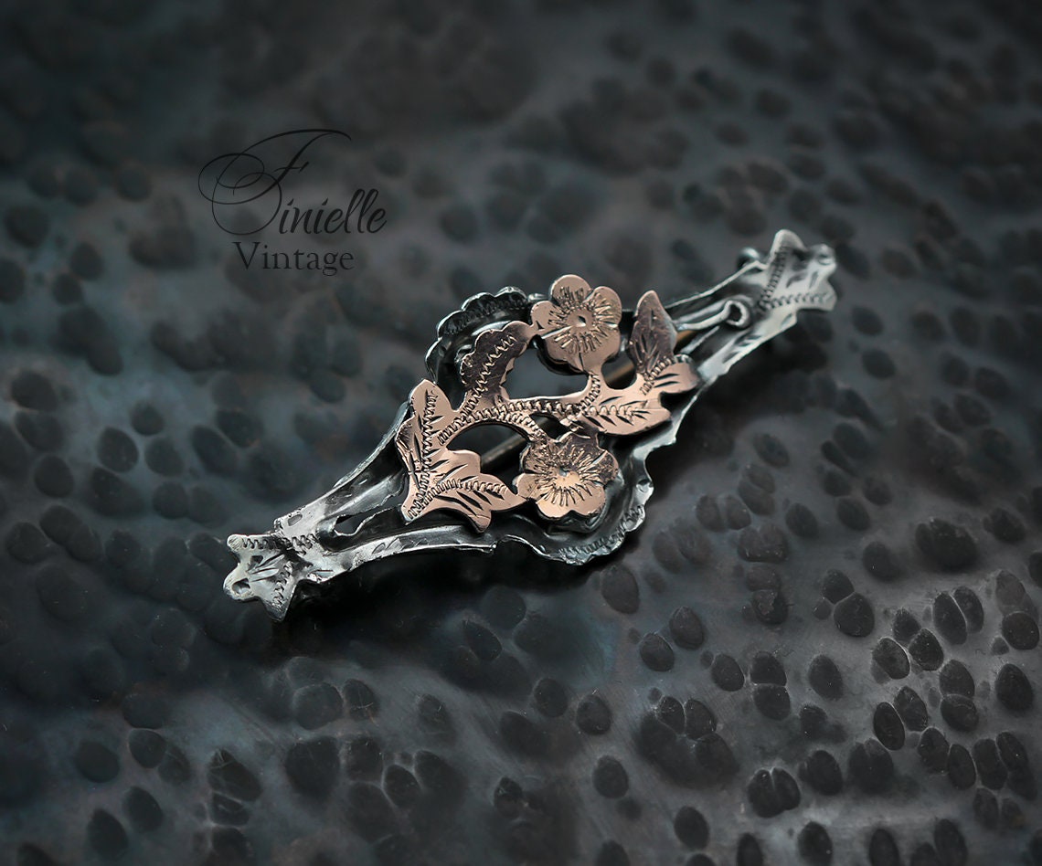 Antique Victorian 1870-1900 Sterling Silver and Rose Gold, Floral Engraved Brooch, Stamped STERLING, Antique Vintage Gift Jewelry Jewellery