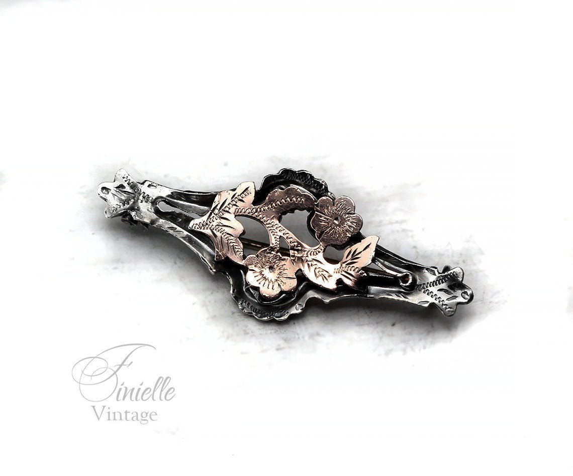 Antique Victorian 1870-1900 Sterling Silver and Rose Gold, Floral Engraved Brooch, Stamped STERLING, Antique Vintage Gift Jewelry Jewellery
