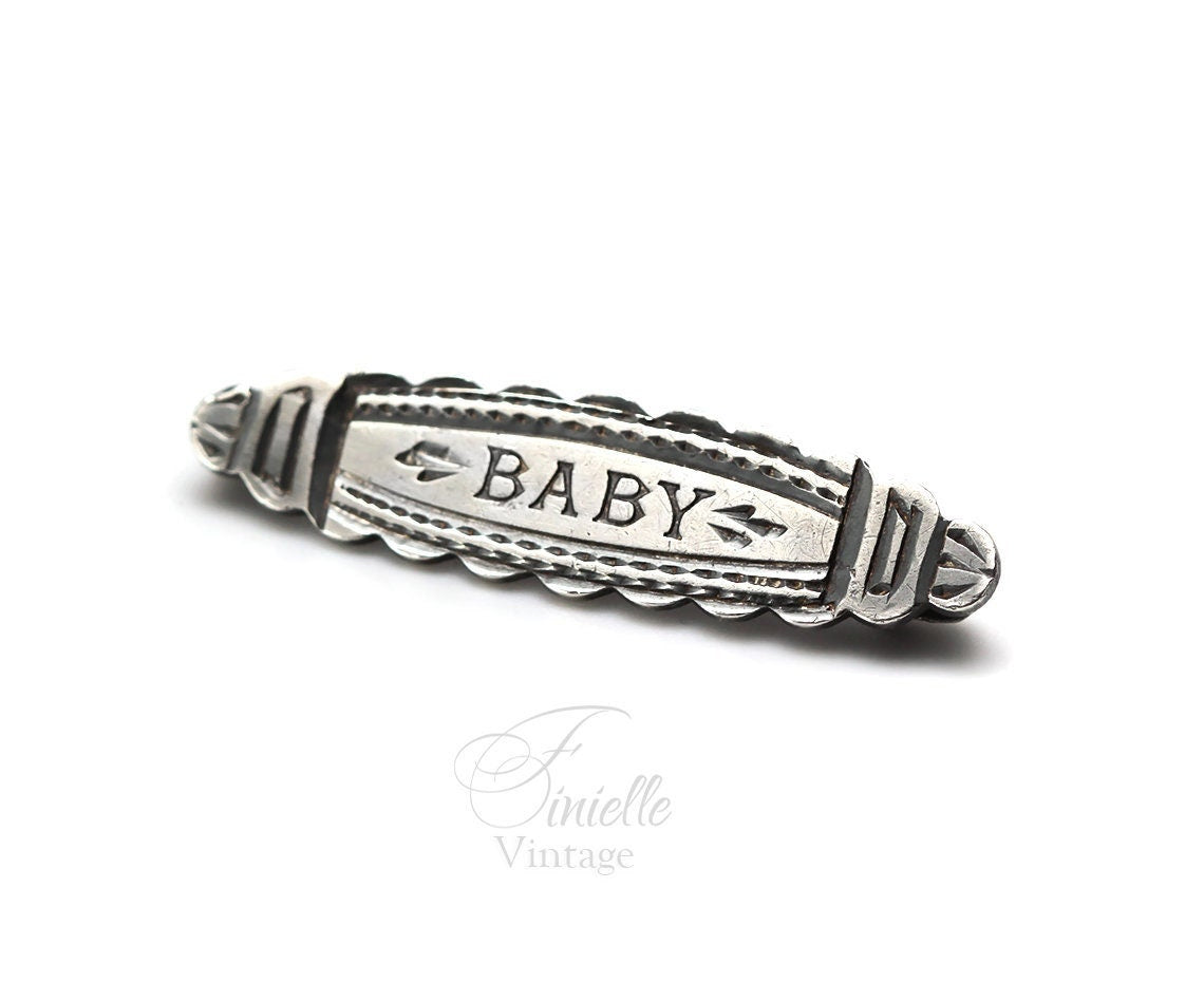 Sterling Silver Vintage 1925-1940s BABY Small Engraved Brooch Pin, Signed RB SILVER, Birmingham Maker, Unique Jewellery Jewelry Gift