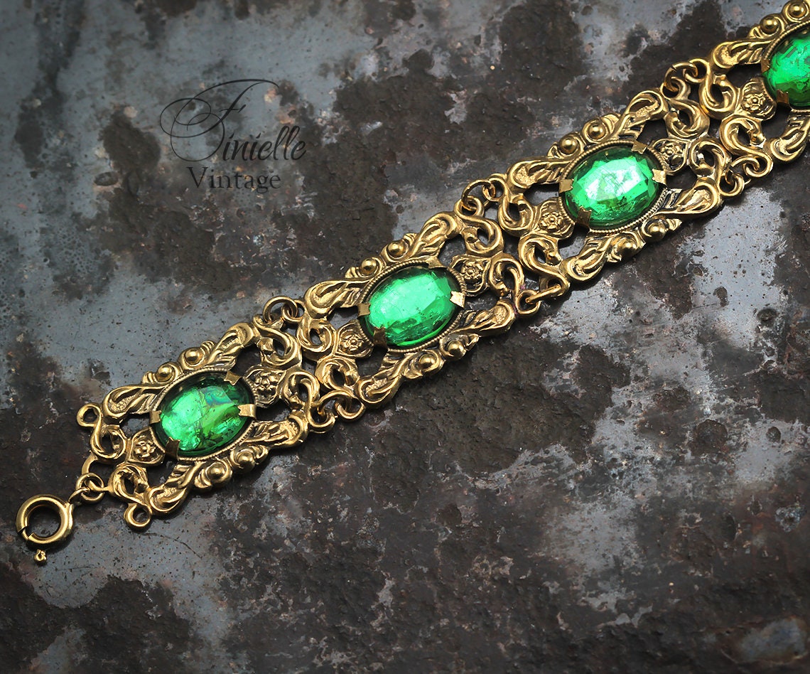 Vintage 1930s Art Deco Czech Filigree Panel Bracelet, Emerald Green Glass Rhinestones, Gold Plated Brass, Gold Tone Unique Gift Jewelry