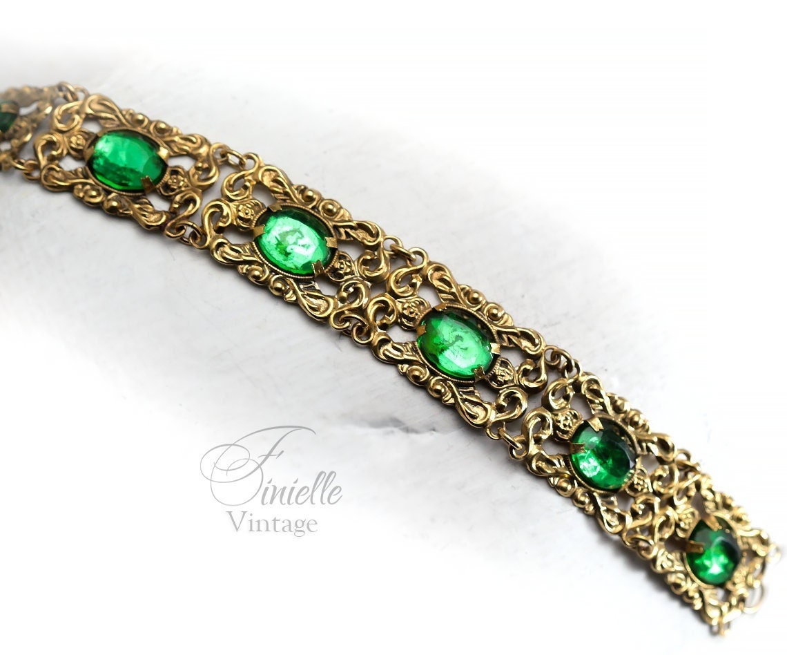 Vintage 1930s Art Deco Czech Filigree Panel Bracelet, Emerald Green Glass Rhinestones, Gold Plated Brass, Gold Tone Unique Gift Jewelry