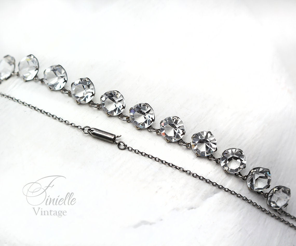 Antique Vintage Art Deco 1920-1930s White Crystals Glass Cased Paste Riviere Style Necklace, Silver Plated, Unique Gift Jewelry Jewellery