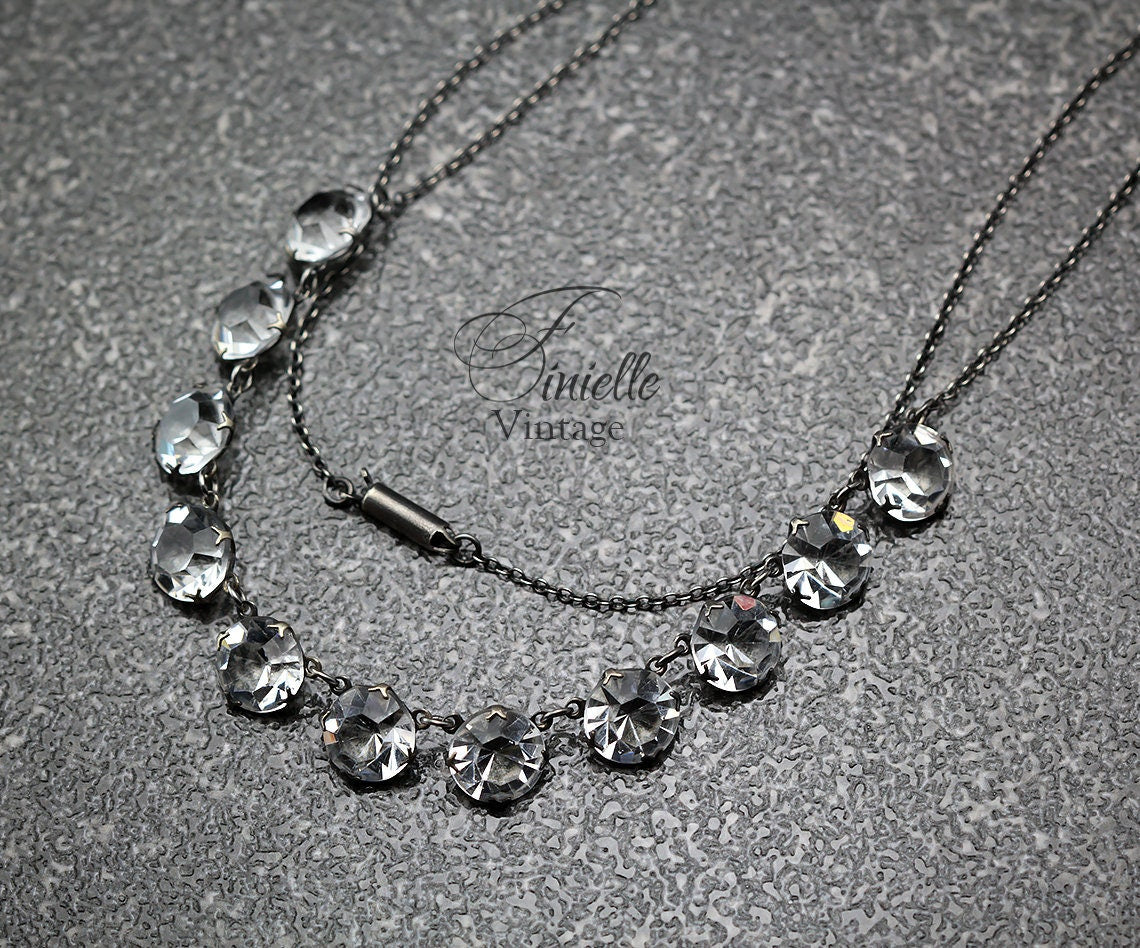 Antique Vintage Art Deco 1920-1930s White Crystals Glass Cased Paste Riviere Style Necklace, Silver Plated, Unique Gift Jewelry Jewellery
