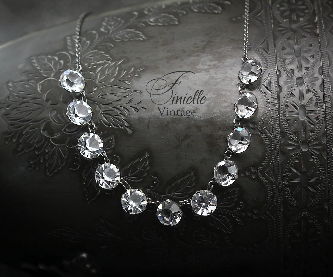 Antique Vintage Art Deco 1920-1930s White Crystals Glass Cased Paste Riviere Style Necklace, Silver Plated, Unique Gift Jewelry Jewellery