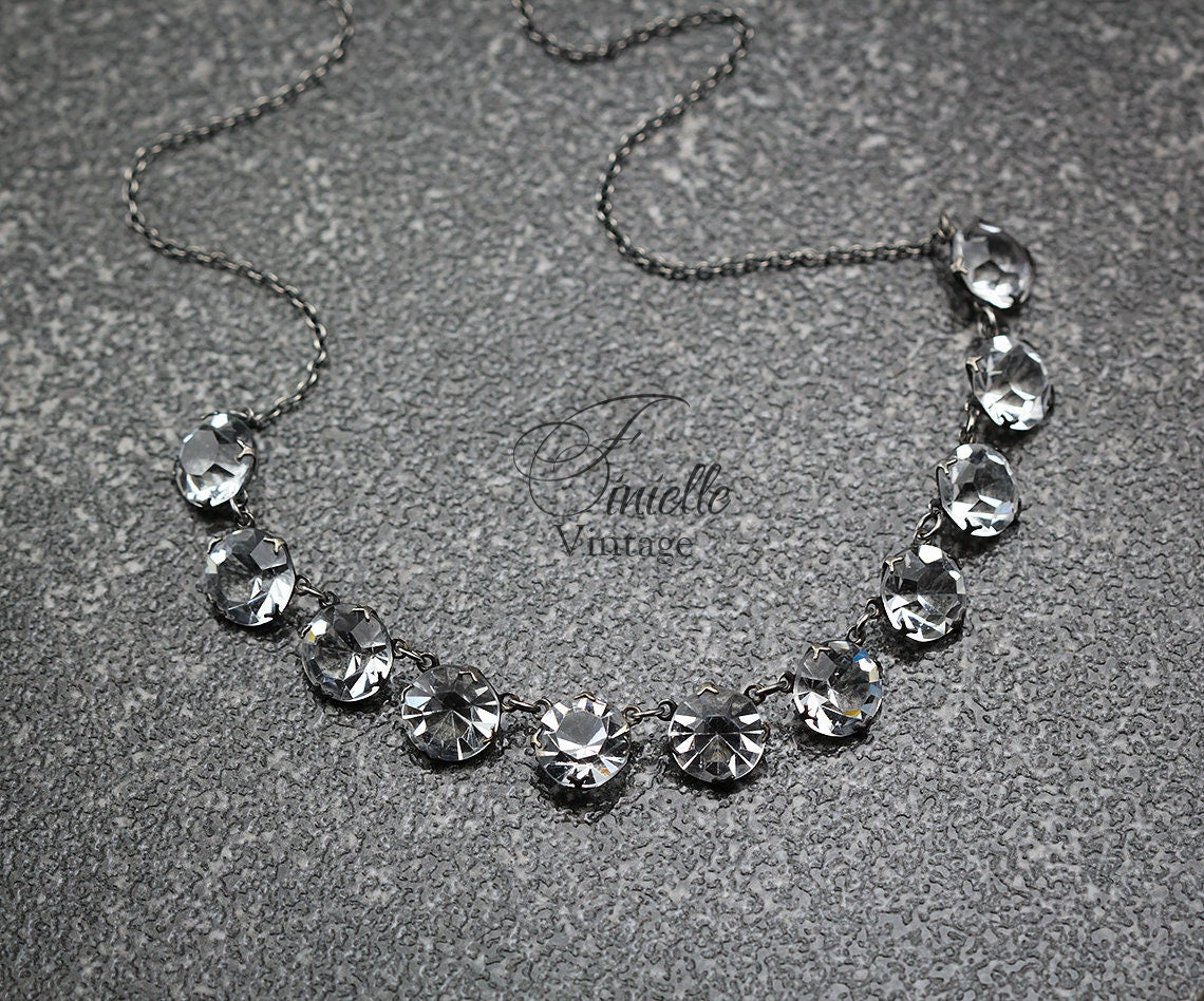 Antique Vintage Art Deco 1920-1930s White Crystals Glass Cased Paste Riviere Style Necklace, Silver Plated, Unique Gift Jewelry Jewellery