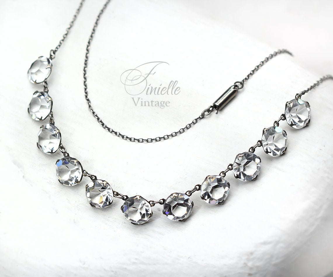 Antique Vintage Art Deco 1920-1930s White Crystals Glass Cased Paste Riviere Style Necklace, Silver Plated, Unique Gift Jewelry Jewellery