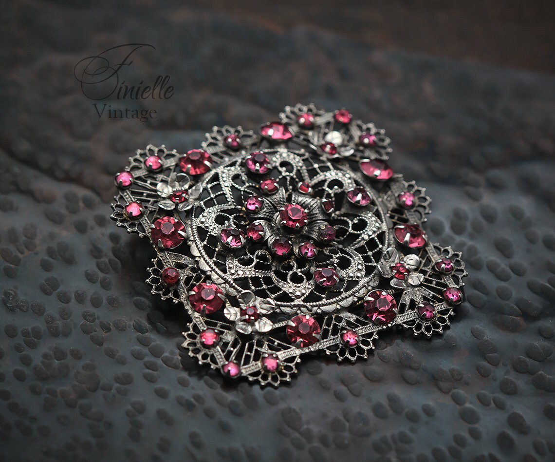 Art Deco Bohemian 1920-1930s Czech Filigree Brooch, Purple Pink Crystal Rhinestone, Silver Plated, Antique Vintage Jewelry, Gift for Women