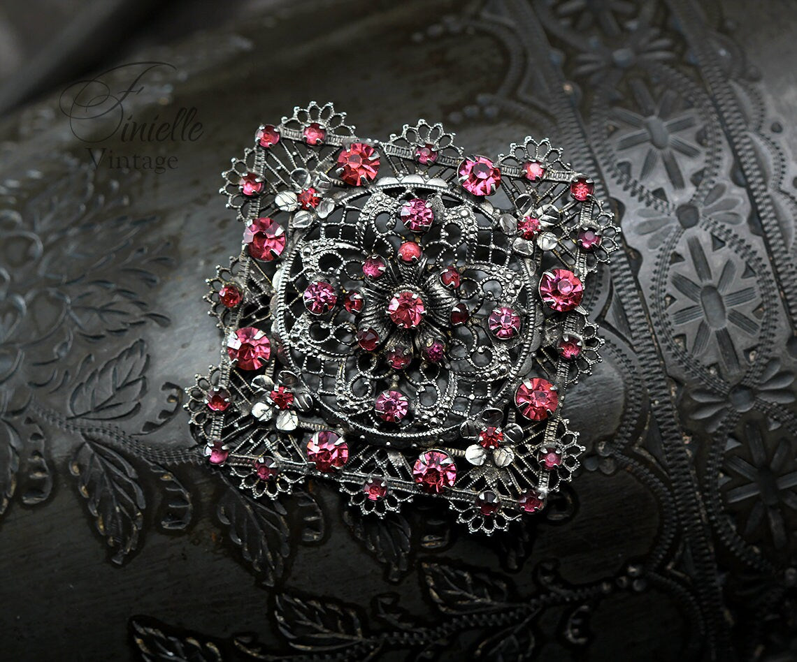 Art Deco Bohemian 1920-1930s Czech Filigree Brooch, Purple Pink Crystal Rhinestone, Silver Plated, Antique Vintage Jewelry, Gift for Women