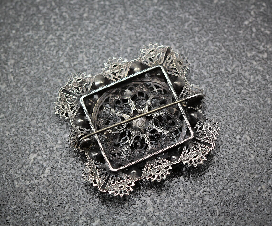 Art Deco Bohemian 1920-1930s Czech Filigree Brooch, Purple Pink Crystal Rhinestone, Silver Plated, Antique Vintage Jewelry, Gift for Women