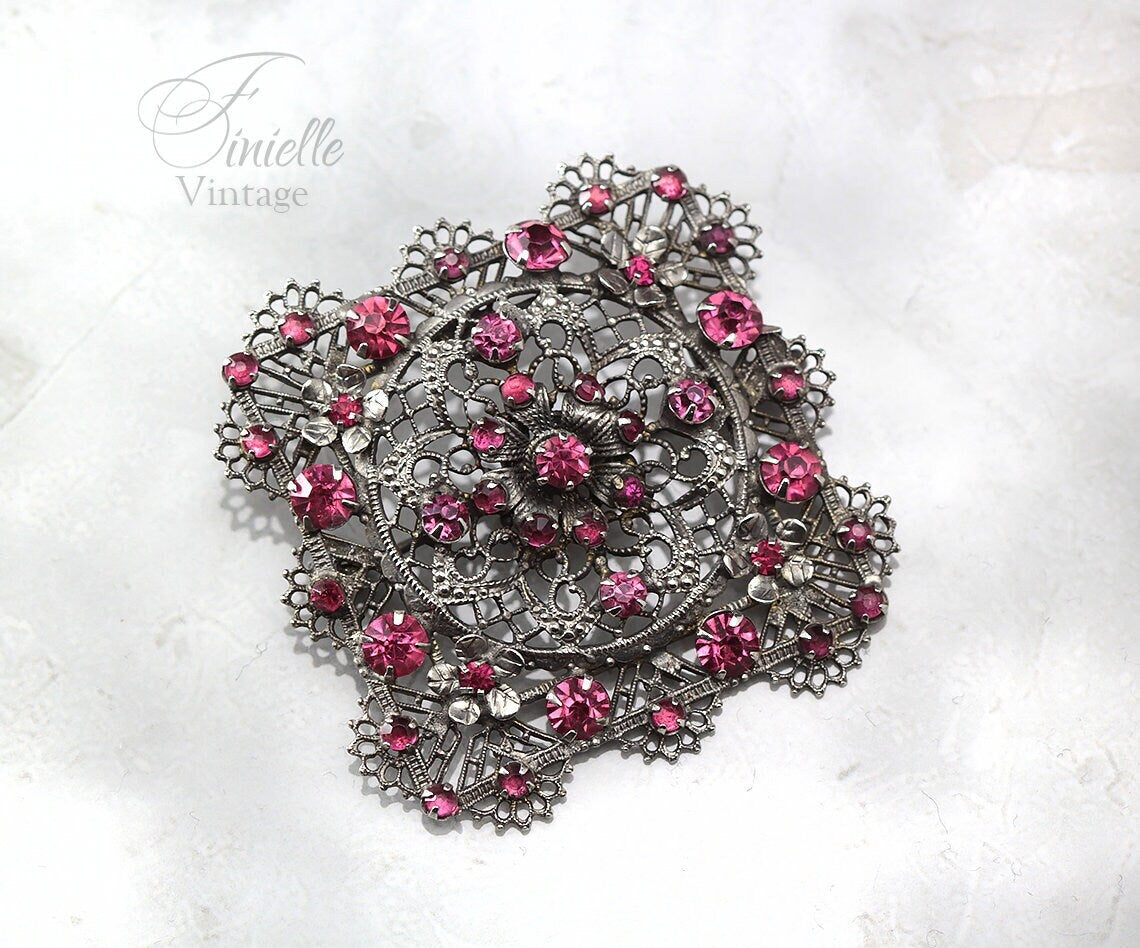 Art Deco Bohemian 1920-1930s Czech Filigree Brooch, Purple Pink Crystal Rhinestone, Silver Plated, Antique Vintage Jewelry, Gift for Women