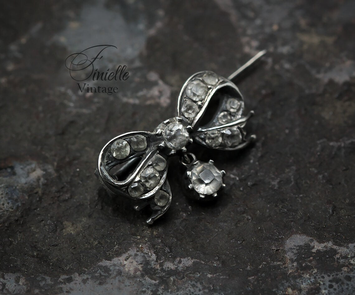 Sterling Silver Antique Victorian c1880-1900 Small Bow Brooch, Clear Glass Crystals, Unique Jewellery Jewelry Gift