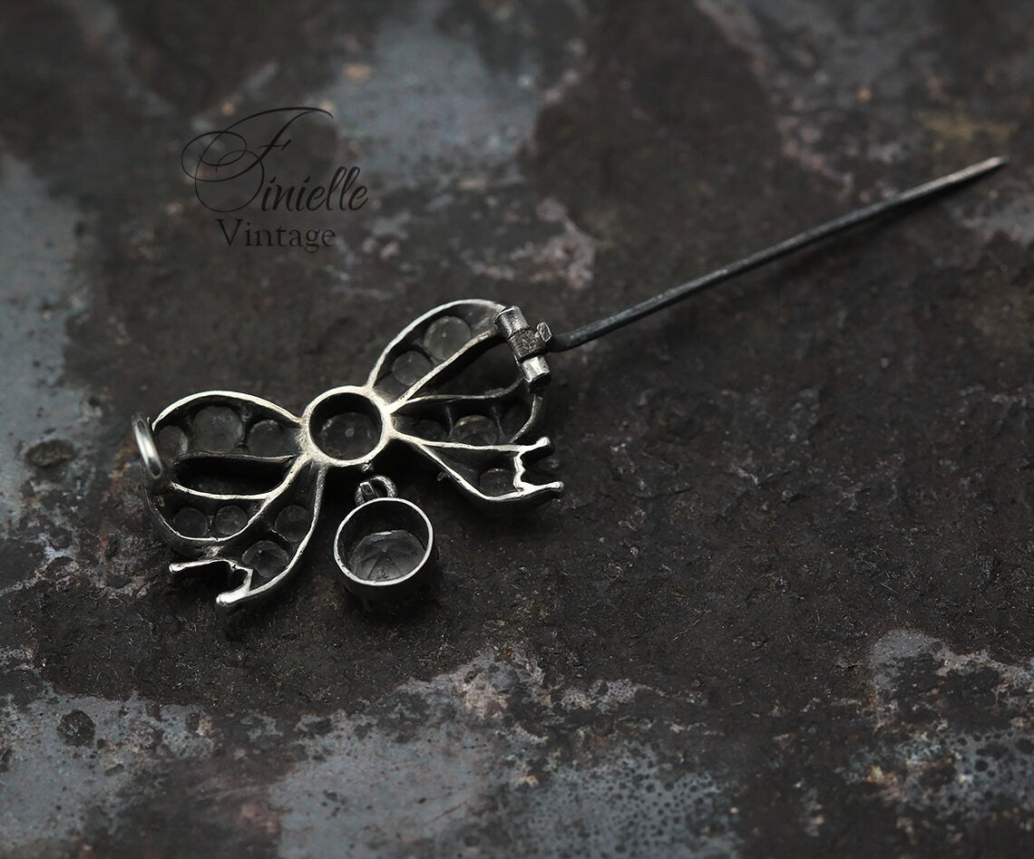 Sterling Silver Antique Victorian c1880-1900 Small Bow Brooch, Clear Glass Crystals, Unique Jewellery Jewelry Gift