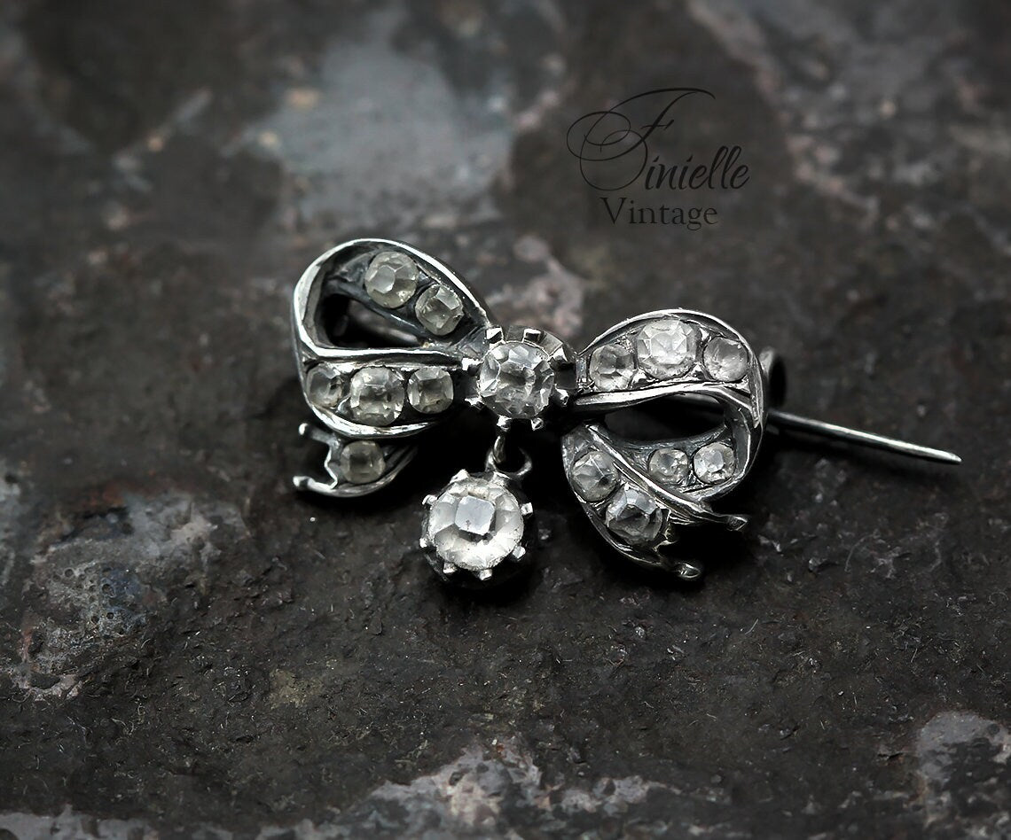 Sterling Silver Antique Victorian c1880-1900 Small Bow Brooch, Clear Glass Crystals, Unique Jewellery Jewelry Gift