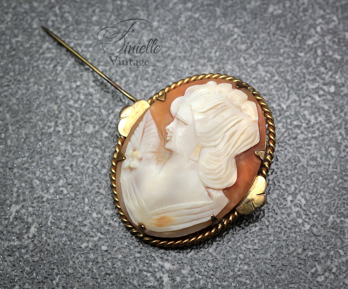 Antique Vintage 1920-1940 Art Deco Hand Carved Rolled Gold Shell Cameo Brooch Pin, Stamped RG, Unique Gift Jewelry Jewellery