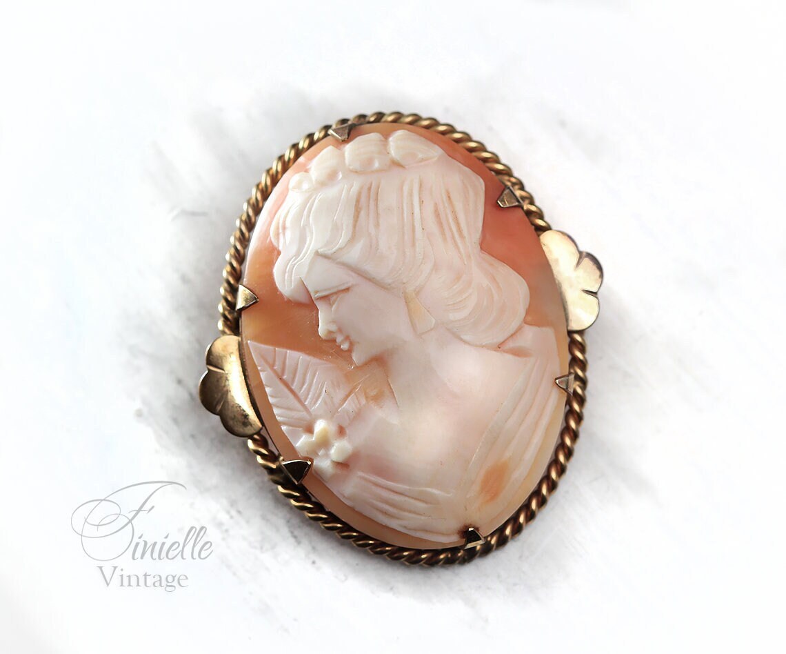 Antique Vintage 1920-1940 Art Deco Hand Carved Rolled Gold Shell Cameo Brooch Pin, Stamped RG, Unique Gift Jewelry Jewellery