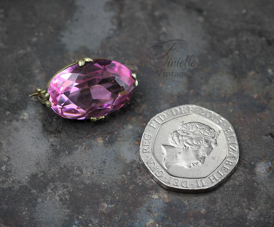 Antique Edwardian Era 1901-1910 Gilded Brass Lace Brooch, Faceted Paste Faux Pink Topaz, Unique Gift Jewellery Jewelry