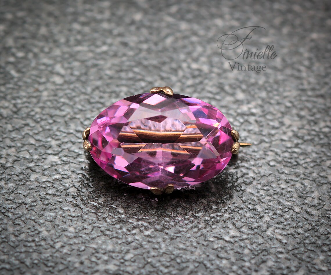 Antique Edwardian Era 1901-1910 Gilded Brass Lace Brooch, Faceted Paste Faux Pink Topaz, Unique Gift Jewellery Jewelry