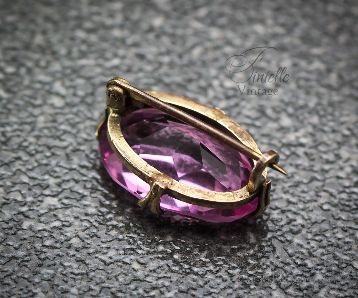 Antique Edwardian Era 1901-1910 Gilded Brass Lace Brooch, Faceted Paste Faux Pink Topaz, Unique Gift Jewellery Jewelry