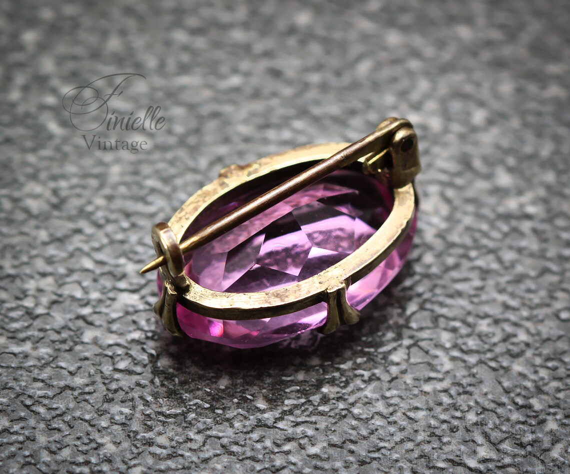 Antique Edwardian Era 1901-1910 Gilded Brass Lace Brooch, Faceted Paste Faux Pink Topaz, Unique Gift Jewellery Jewelry