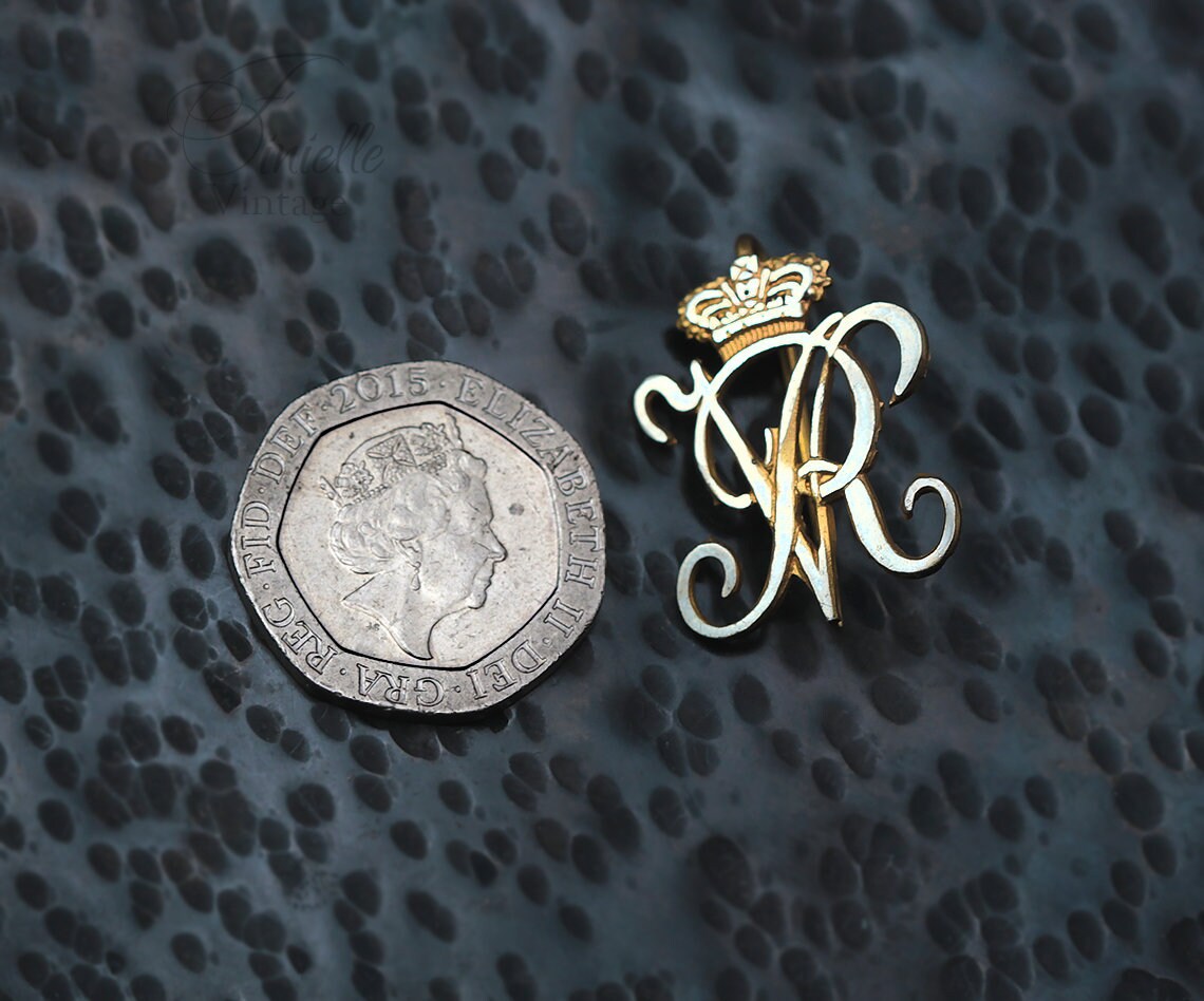 Antique Queen Victoria Initials Monogram Pin Badge, Gold Plated Brass, Silver Filled Front, RARE item