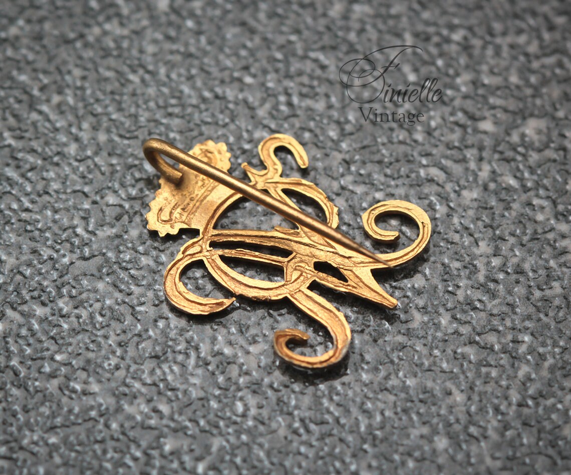 Antique Queen Victoria Initials Monogram Pin Badge, Gold Plated Brass, Silver Filled Front, RARE item
