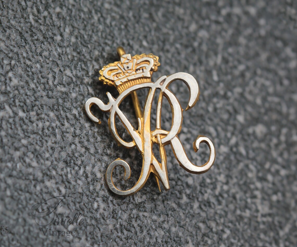 Antique Queen Victoria Initials Monogram Pin Badge, Gold Plated Brass, Silver Filled Front, RARE item