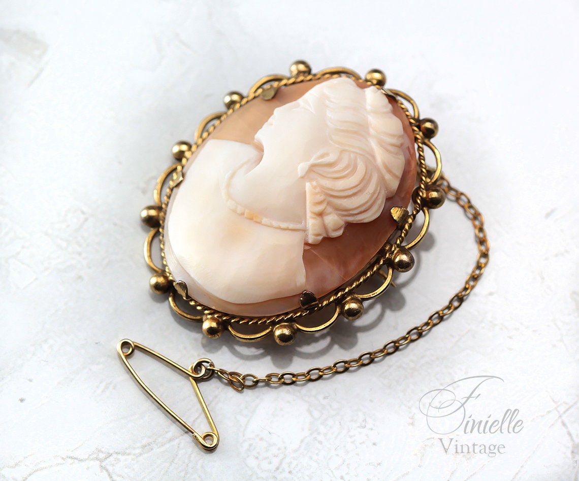 Antique 1880-1900 Victorian Hand Carved Rolled Gold Shell Cameo Brooch Pin, Stamped RG, Safety Chain, Unique Gift Jewelry Jewellery