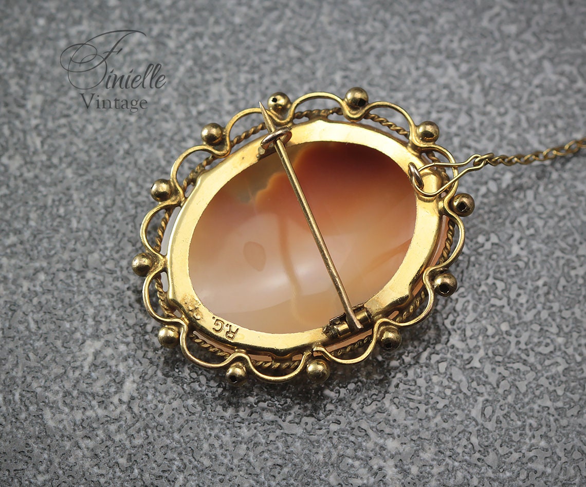 Antique 1880-1900 Victorian Hand Carved Rolled Gold Shell Cameo Brooch Pin, Stamped RG, Safety Chain, Unique Gift Jewelry Jewellery
