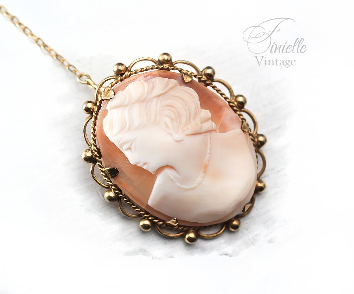 Antique 1880-1900 Victorian Hand Carved Rolled Gold Shell Cameo Brooch Pin, Stamped RG, Safety Chain, Unique Gift Jewelry Jewellery
