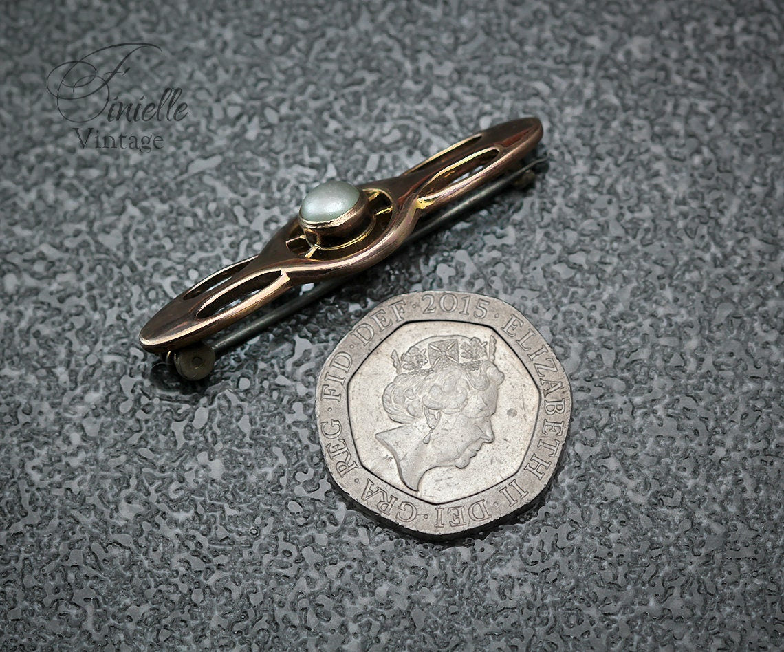 Antique Art Nouveau 1890-1900s Rolled Rose Gold Brooch Pin with Paste Pearl, Stamped CH, Gold-tone Jewellery Jewelry, Gift for Women