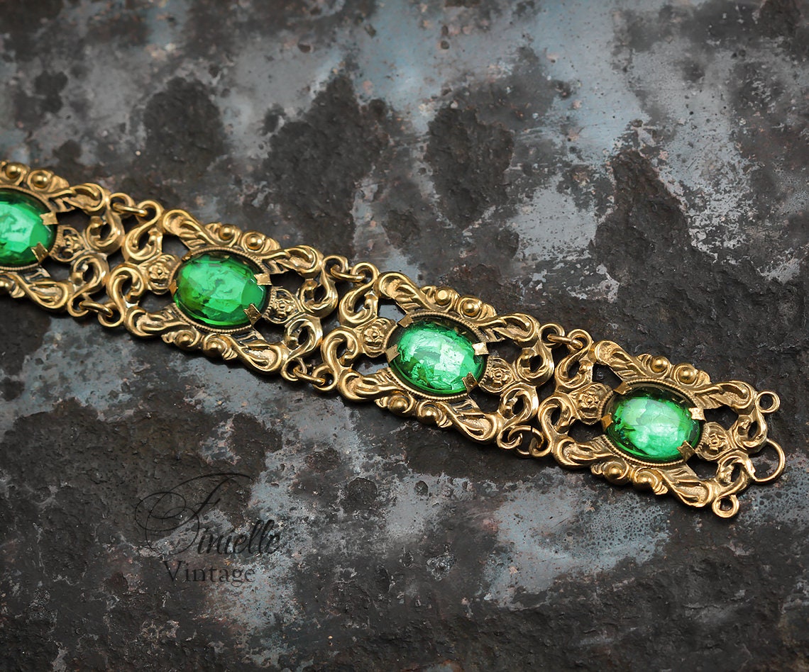 Vintage 1930s Art Deco Czech Filigree Panel Bracelet, Emerald Green Glass Rhinestones, Gold Plated Brass, Gold Tone Unique Gift Jewelry